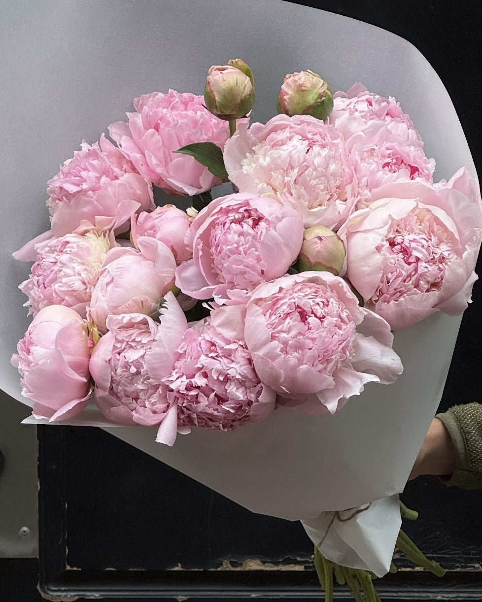 Peony bouquet wrapped for delivery in Seattle